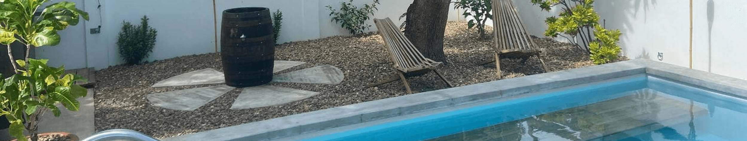 Backyard pool with lounge chairs and tropical landscaping