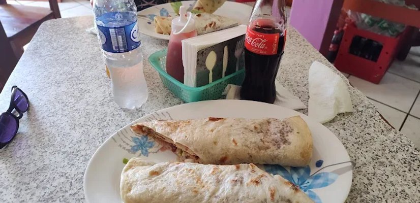 Two grilled burritos on plate with Coca-Cola and water bottle